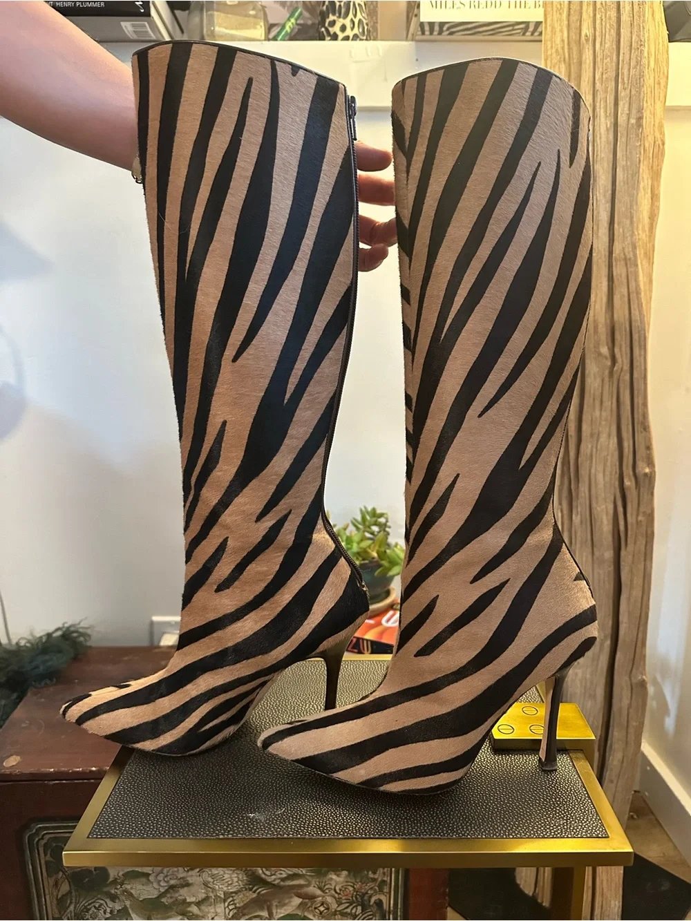 Manolo Blahnik Zebra-Print Over-the-Knee Boots in Black and Tan